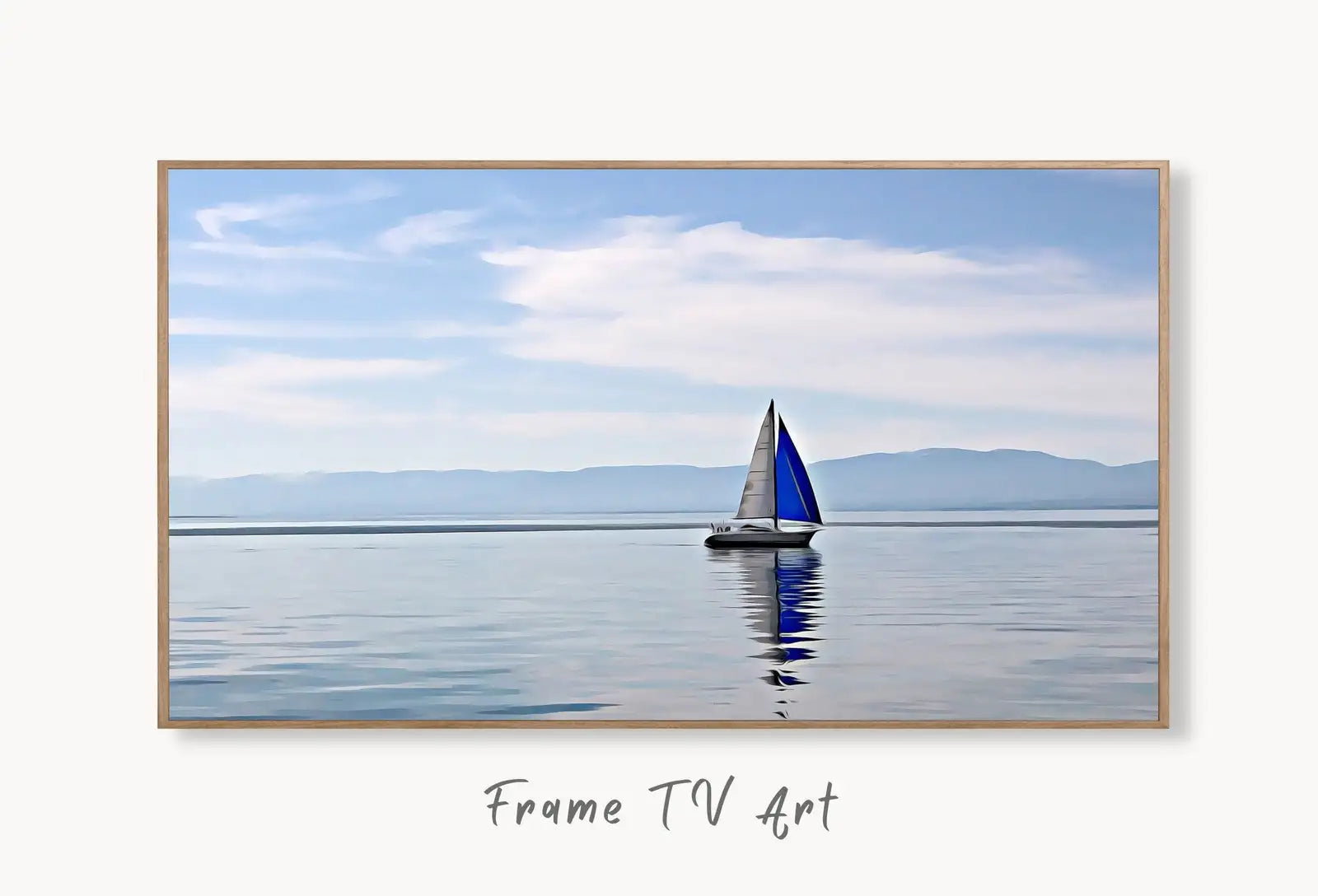 Samsung Frame TV Art 4K Blue Sailboat Painting Nautical Wall Art. Instant Download Boat Painting for the Frame TV. Sailing Ocean Art for TV displayed on Samsung Frame TV on a living room wall.