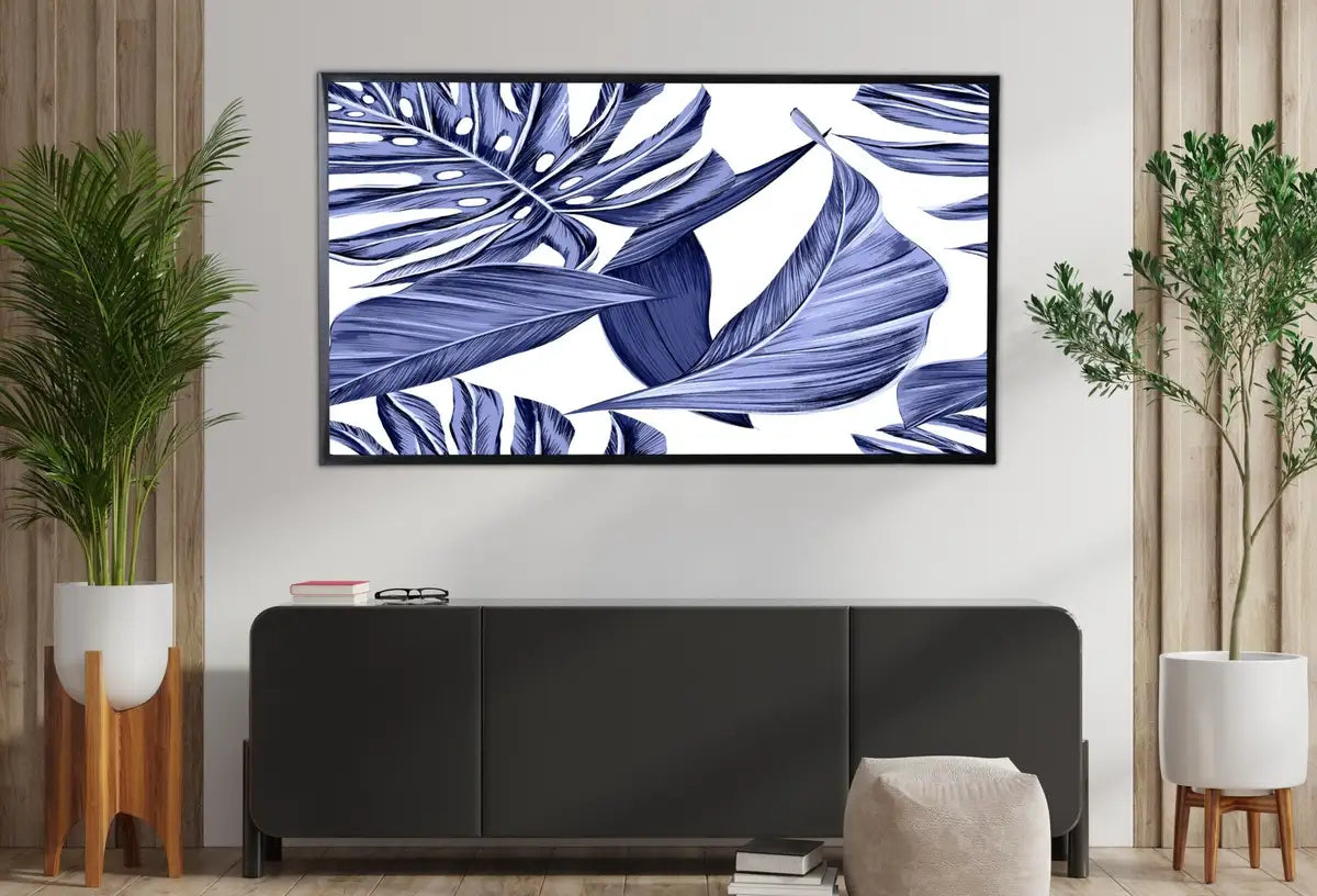 Detail view of artwork from Samsung Frame TV Art 4K Blue Tropical Leaves Botanical Wall Art. Instant Download Nature Digital Painting. Palm Leaf Art for the Frame TV. (variation 2)