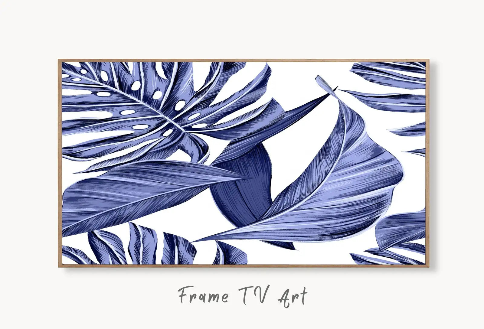 Samsung Frame TV Art 4K Blue Tropical Leaves Botanical Wall Art. Instant Download Nature Digital Painting. Palm Leaf Art for the Frame TV displayed on Samsung Frame TV on a living room wall.
