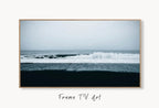 Samsung Frame TV Art 4K, Blue Wavy Ocean Coastal Wall Decor. Samsung Art TV Digital Download for Samsung Frame, Beach Landscape Frame TV Art displayed on Samsung Frame TV on a living room wall.