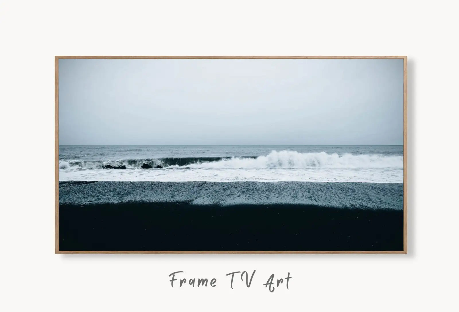 Samsung Frame TV Art 4K, Blue Wavy Ocean Coastal Wall Decor. Samsung Art TV Digital Download for Samsung Frame, Beach Landscape Frame TV Art displayed on Samsung Frame TV on a living room wall.