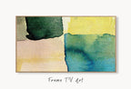 Samsung Frame TV Art 4K Blue Yellow Green Wall Art Abstract Painting. Instant Download Abstract Digital Painting. Colorful Art for Frame TV displayed on Samsung Frame TV on a living room wall.