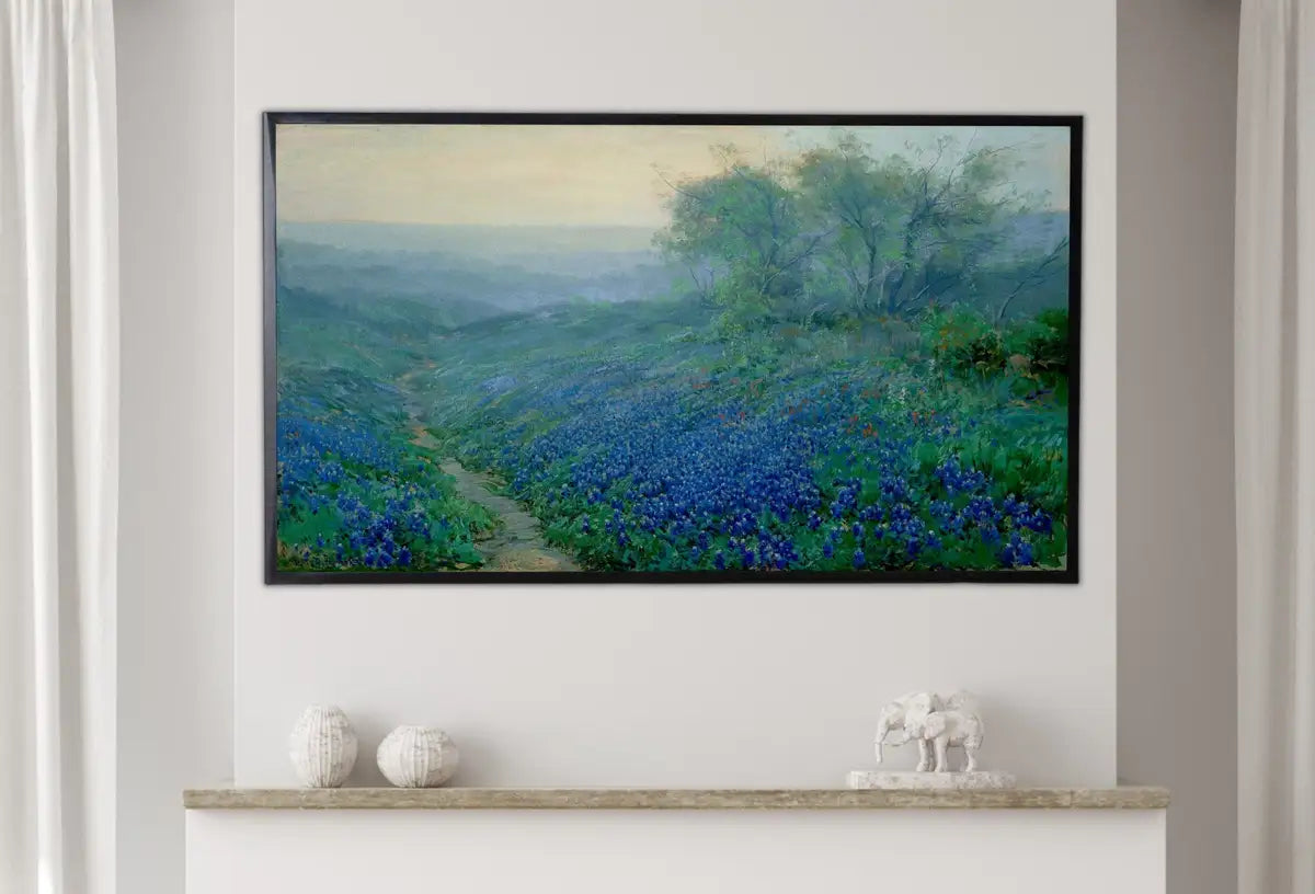 Detail view of artwork from Samsung Frame TV Art 4K Bluebonnets at Dawn. Vintage Spring Landscape Painting. Instant Download Floral Landscape. Wall Art for Frame TV. (variation 2)