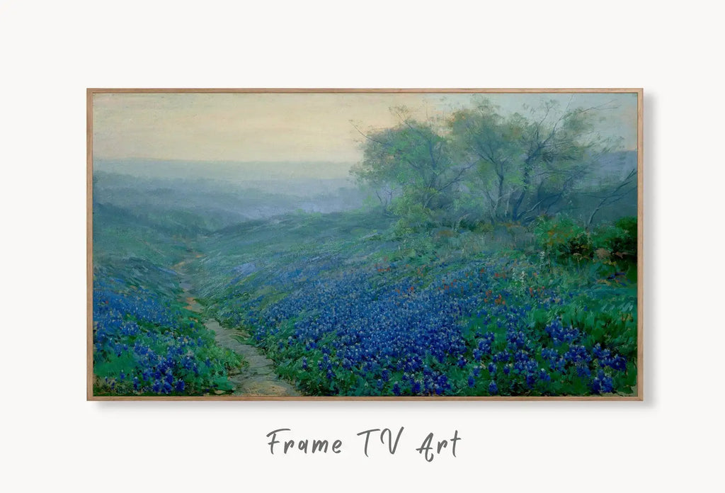 Samsung Frame TV Art 4K Bluebonnets at Dawn. Vintage Spring Landscape Painting. Instant Download Floral Landscape. Wall Art for Frame TV displayed on Samsung Frame TV on a living room wall.