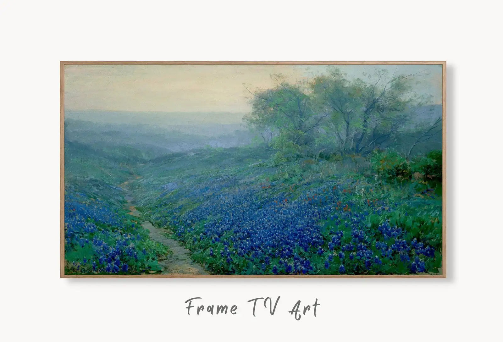Samsung Frame TV Art 4K Bluebonnets at Dawn. Vintage Spring Landscape Painting. Instant Download Floral Landscape. Wall Art for Frame TV displayed on Samsung Frame TV on a living room wall.