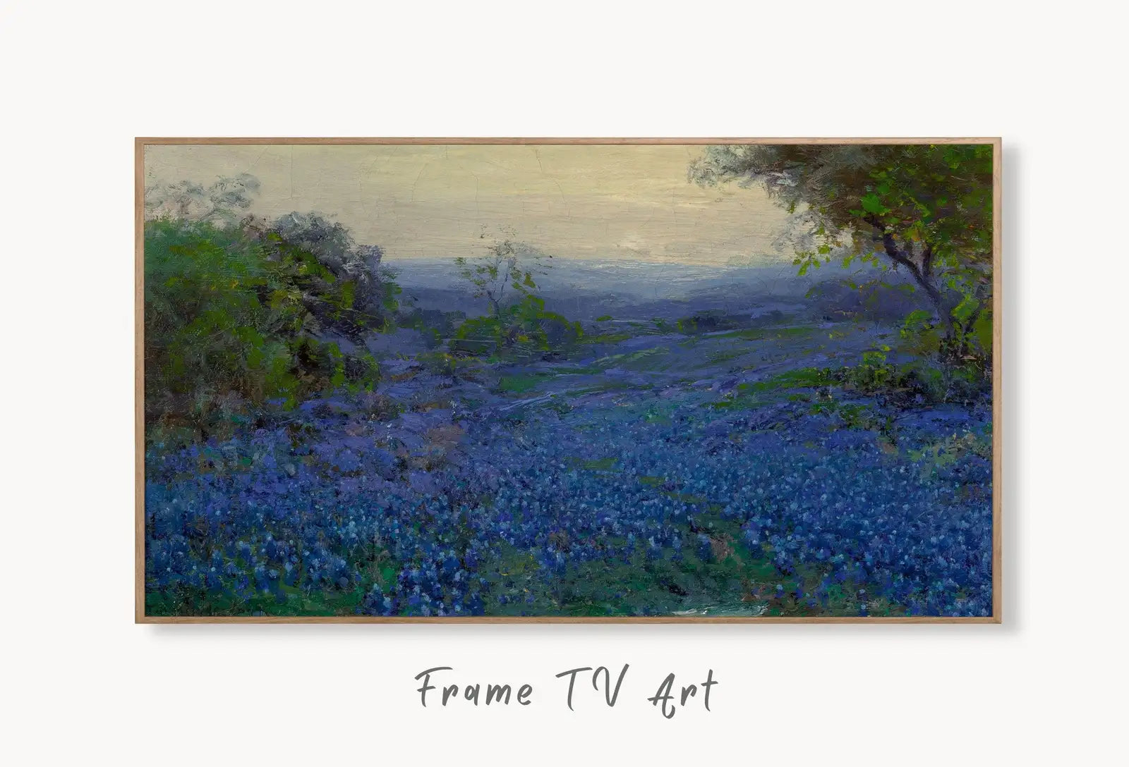 Samsung Frame TV Art 4K Bluebonnets Field Landscape. Blue Bonnets Vintage Spring Landscape Painting. Instant Download. Wall Art for Frame TV displayed on Samsung Frame TV on a living room wall.