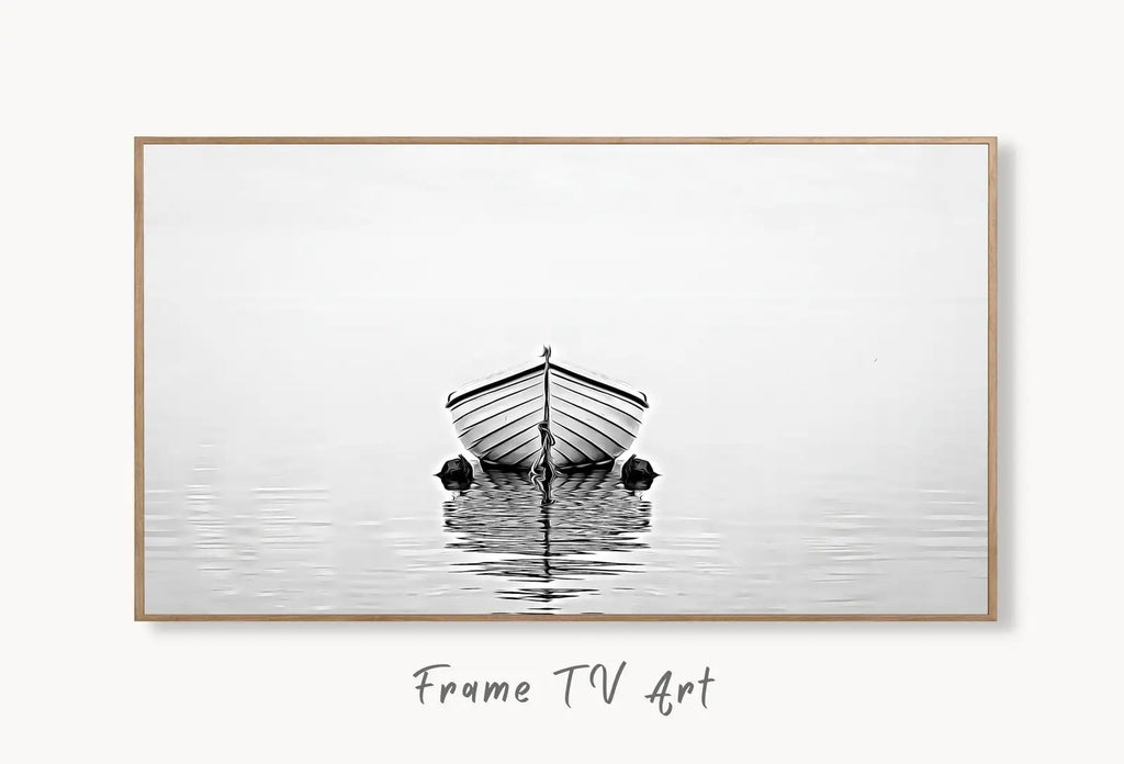 Samsung Frame TV Art 4K Boat At Sea Print, Nautical Wall Decor. Instant Download Black and White Art for the Frame TV. Minimalist Art for TV displayed on Samsung Frame TV on a living room wall.
