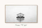Samsung Frame TV Art 4K Boat At Sea Print, Nautical Wall Decor. Instant Download Black and White Art for the Frame TV. Minimalist Art for TV displayed on Samsung Frame TV on a living room wall.