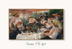 Samsung Frame TV Art 4K Boating Party Luncheon by Auguste Renoir. Famous Antique Oil Painting. Vintage Impressionist Art for Frame TV. displayed on Samsung Frame TV on a living room wall.