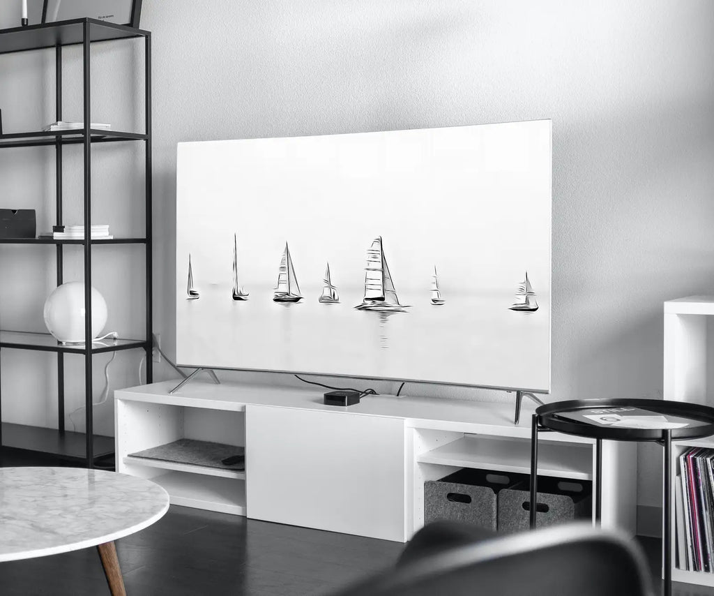 Detail view of artwork from Samsung Frame TV Art 4K Boats at Sea Painting Nautical Wall Art. Instant Download Boat Painting for the Frame TV. Minimalist Art for TV. (variation 1)