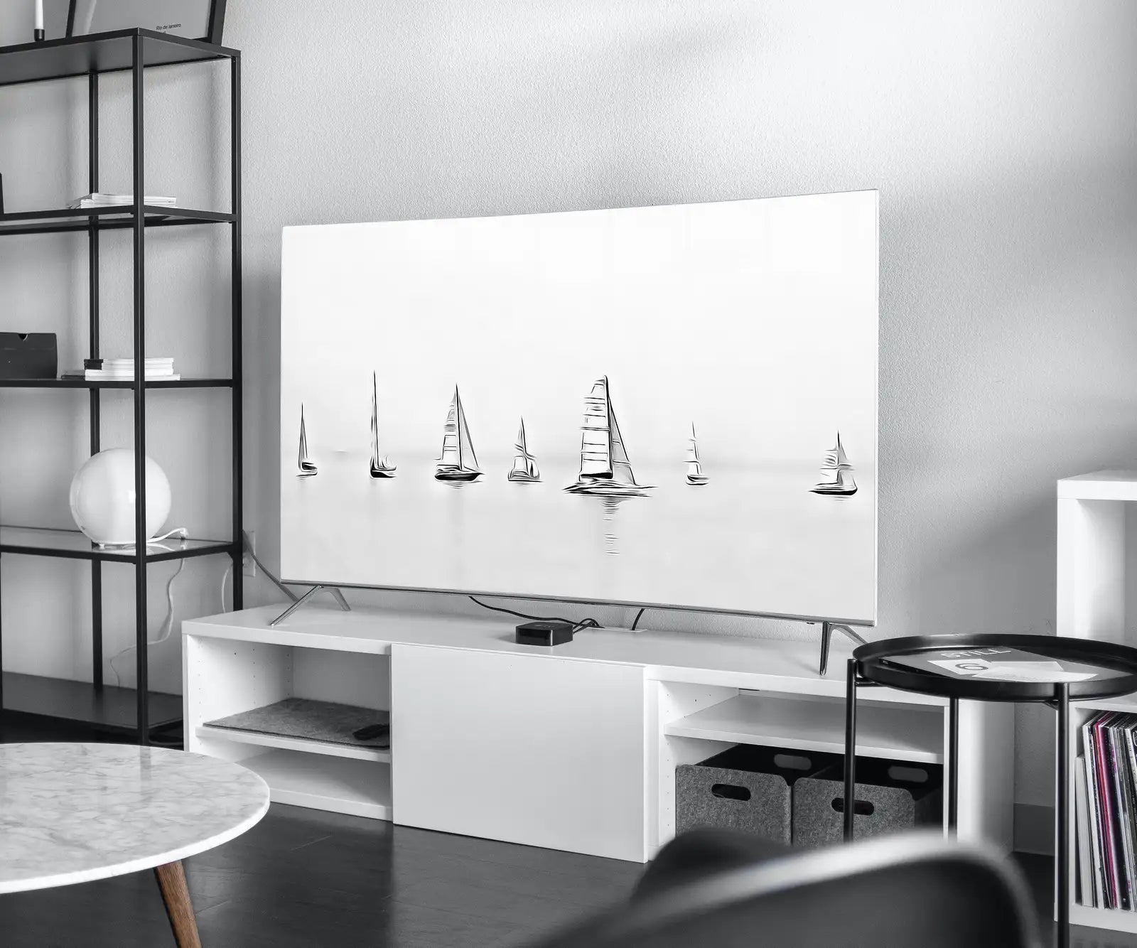 Detail view of artwork from Samsung Frame TV Art 4K Boats at Sea Painting Nautical Wall Art. Instant Download Boat Painting for the Frame TV. Minimalist Art for TV. (variation 1)