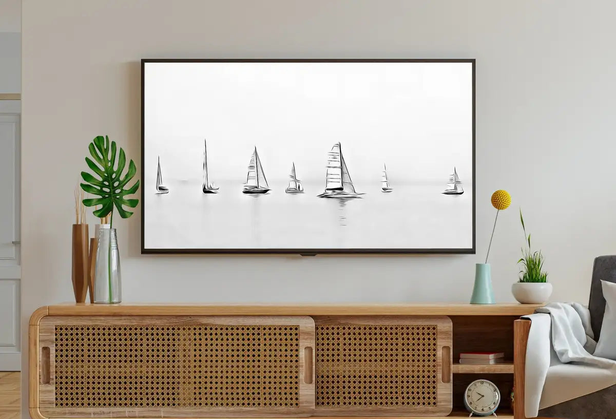 Detail view of artwork from Samsung Frame TV Art 4K Boats at Sea Painting Nautical Wall Art. Instant Download Boat Painting for the Frame TV. Minimalist Art for TV. (variation 2)