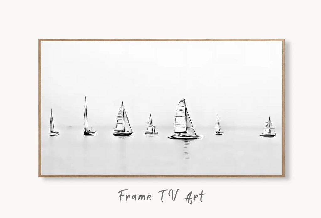 Samsung Frame TV Art 4K Boats at Sea Painting Nautical Wall Art. Instant Download Boat Painting for the Frame TV. Minimalist Art for TV displayed on Samsung Frame TV on a living room wall.
