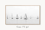 Samsung Frame TV Art 4K Boats at Sea Painting Nautical Wall Art. Instant Download Boat Painting for the Frame TV. Minimalist Art for TV displayed on Samsung Frame TV on a living room wall.