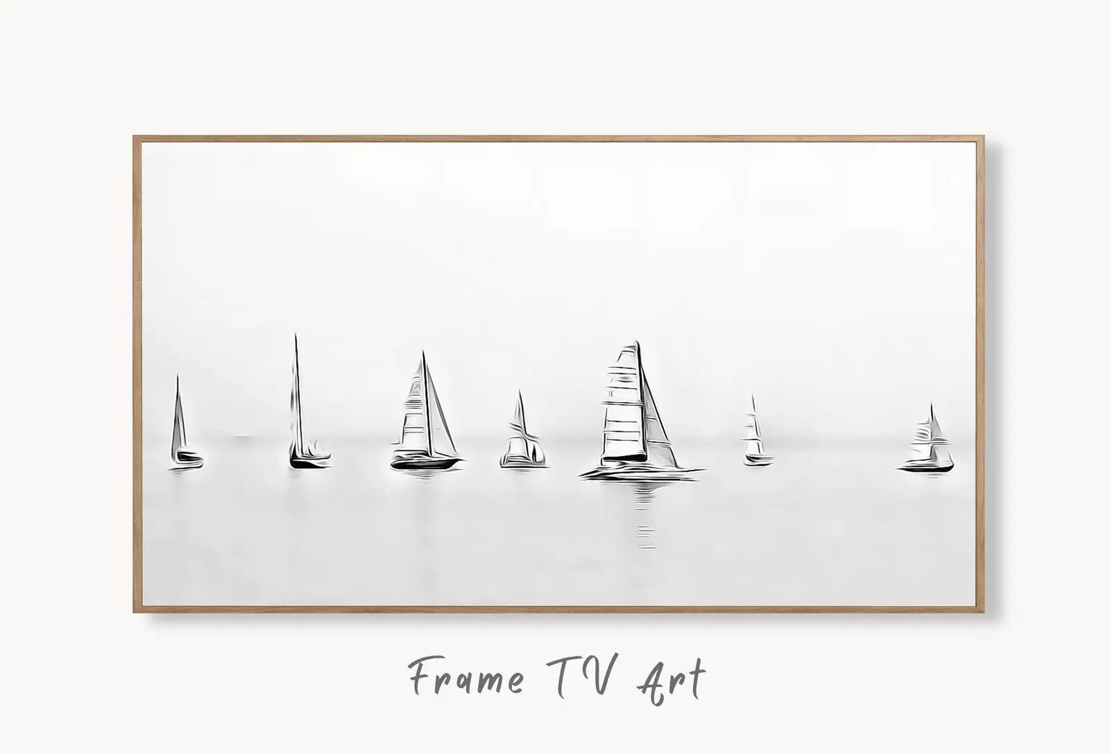 Samsung Frame TV Art 4K Boats at Sea Painting Nautical Wall Art. Instant Download Boat Painting for the Frame TV. Minimalist Art for TV displayed on Samsung Frame TV on a living room wall.