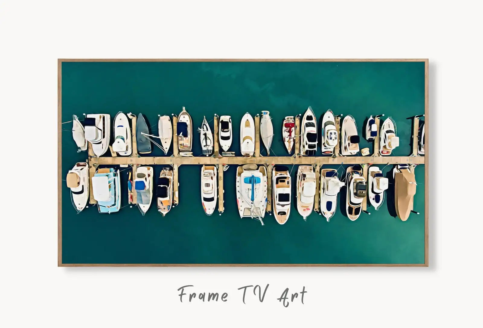 Samsung Frame TV Art 4K Boats in a Harbor Digital Painting, Nautical Wall Decor. Instant Download Boat Art for the Frame TV. Art for TV displayed on Samsung Frame TV on a living room wall.