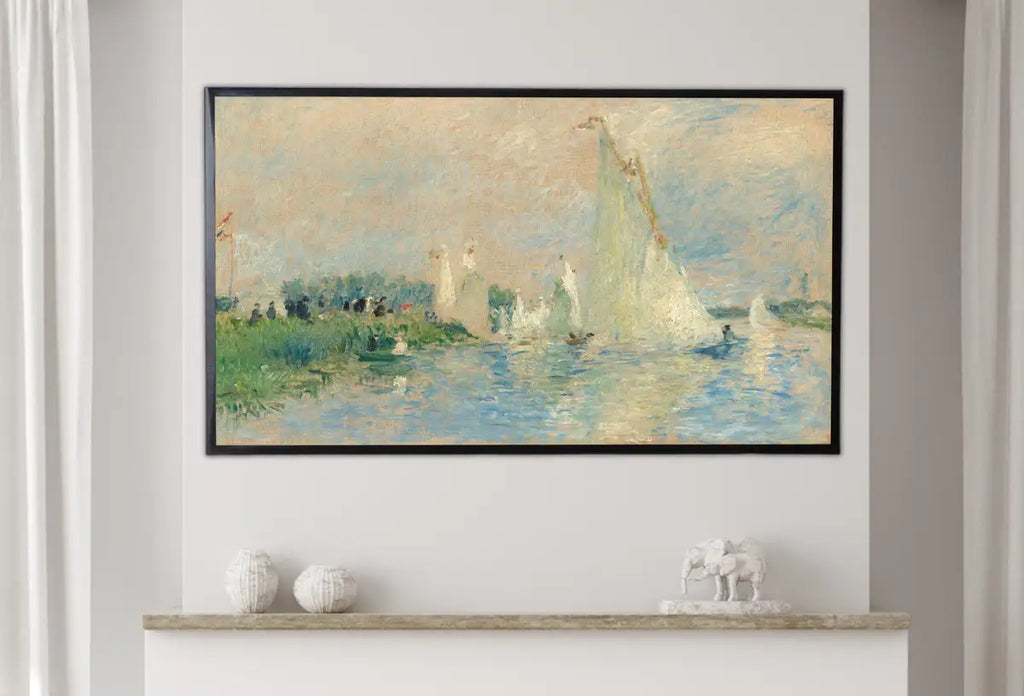Detail view of artwork from Samsung Frame TV Art 4K Boats on Shore Painting by Auguste Renoir. Famous Antique Oil Painting. Coastal Landscape Vintage Art for Frame TV. (variation 2)