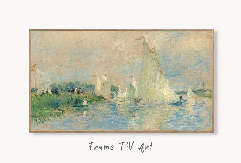 Samsung Frame TV Art 4K Boats on Shore Painting by Auguste Renoir. Famous Antique Oil Painting. Coastal Landscape Vintage Art for Frame TV displayed on Samsung Frame TV on a living room wall.