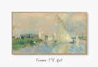 Samsung Frame TV Art 4K Boats on Shore Painting by Auguste Renoir. Famous Antique Oil Painting. Coastal Landscape Vintage Art for Frame TV displayed on Samsung Frame TV on a living room wall.