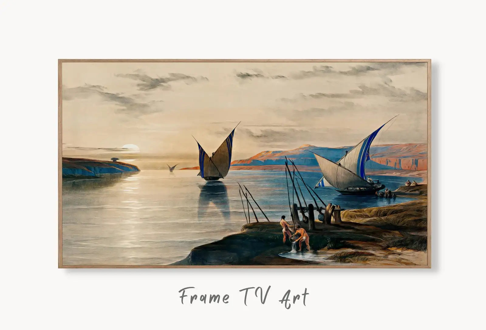 Samsung Frame TV Art 4K Boats on the Nile Ancient Egyptian Wall Art. Instant Download Antique Nautical Vintage Egyptian Art for Frame TV. displayed on Samsung Frame TV on a living room wall.