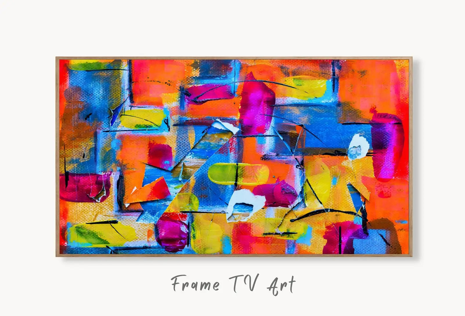 Samsung Frame TV Art 4K Bold Colorful Abstract Painting. Samsung Art TV, Digital Download for Samsung Frame, Abstract Decor Frame TV Art displayed on Samsung Frame TV on a living room wall.