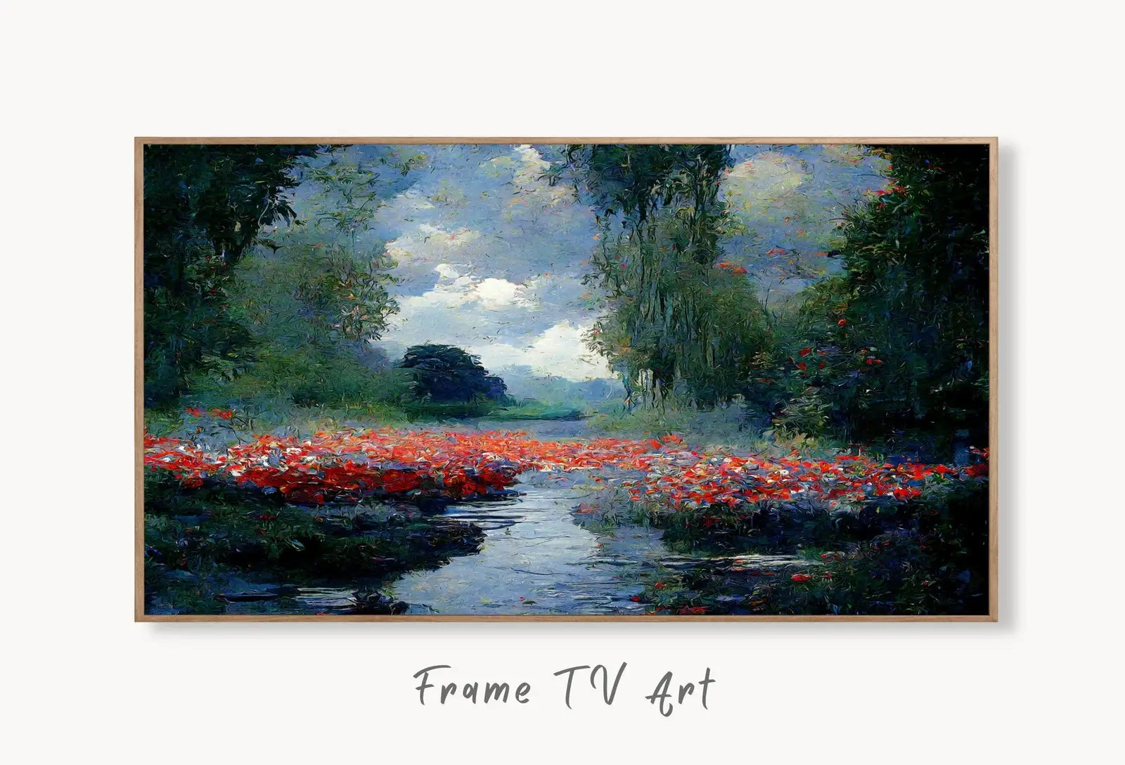 Samsung Frame TV Art 4K Botanical Landscape Monet Inspired Digital Painting. Instant Download Landscape Wall Art for Frame TV. Floral Decor displayed on Samsung Frame TV on a living room wall.