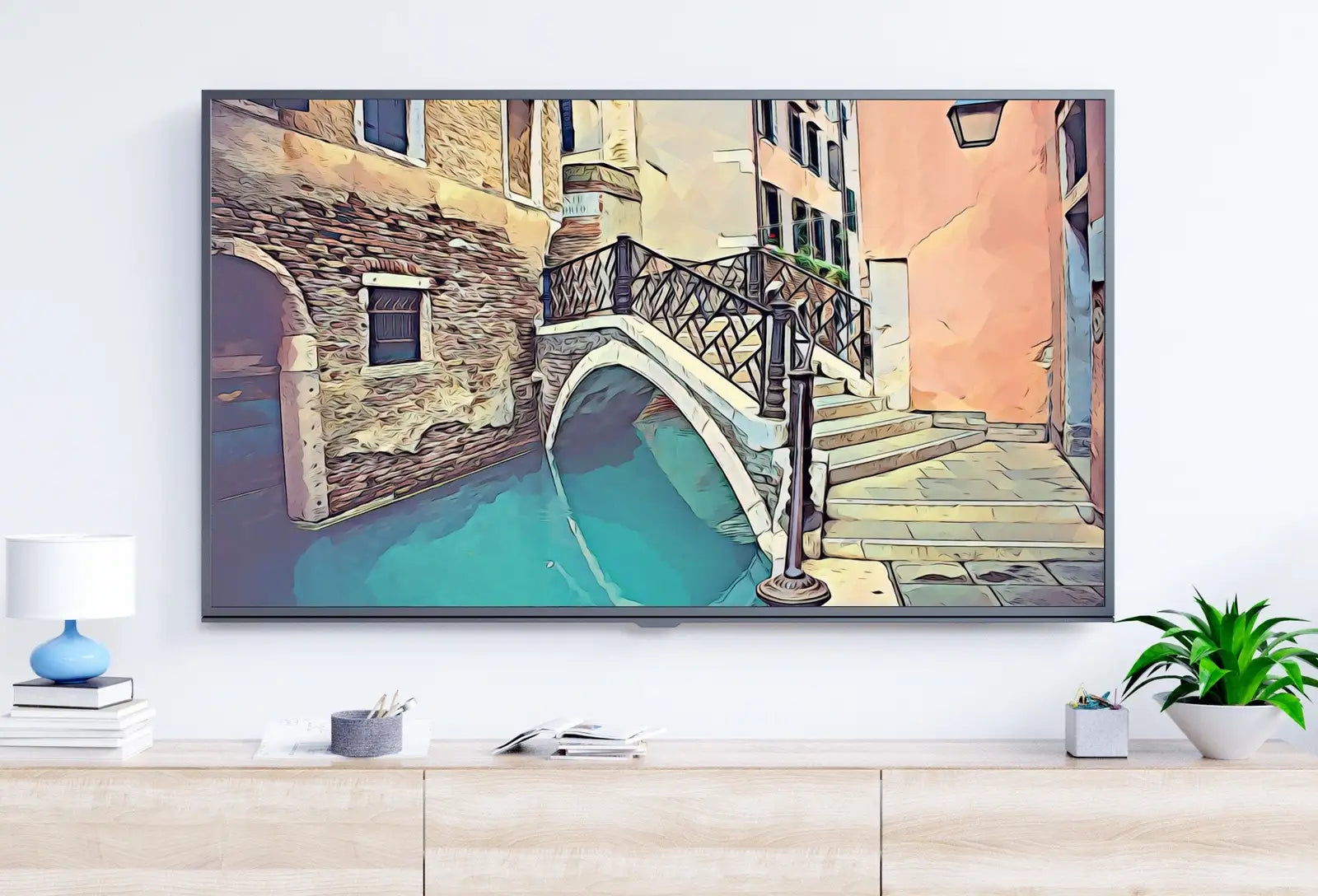 Included artwork preview showing first selection of artworks from Samsung Frame TV Art 4K Bridge Staircase in Venice Colorful Italy Art. Instant Download Venice Landscape for the Frame TV. Italy Decor.