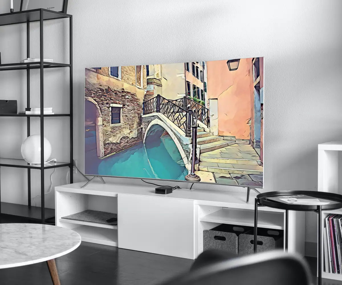 Detail view of artwork from Samsung Frame TV Art 4K Bridge Staircase in Venice Colorful Italy Art. Instant Download Venice Landscape for the Frame TV. Italy Decor. (variation 2)