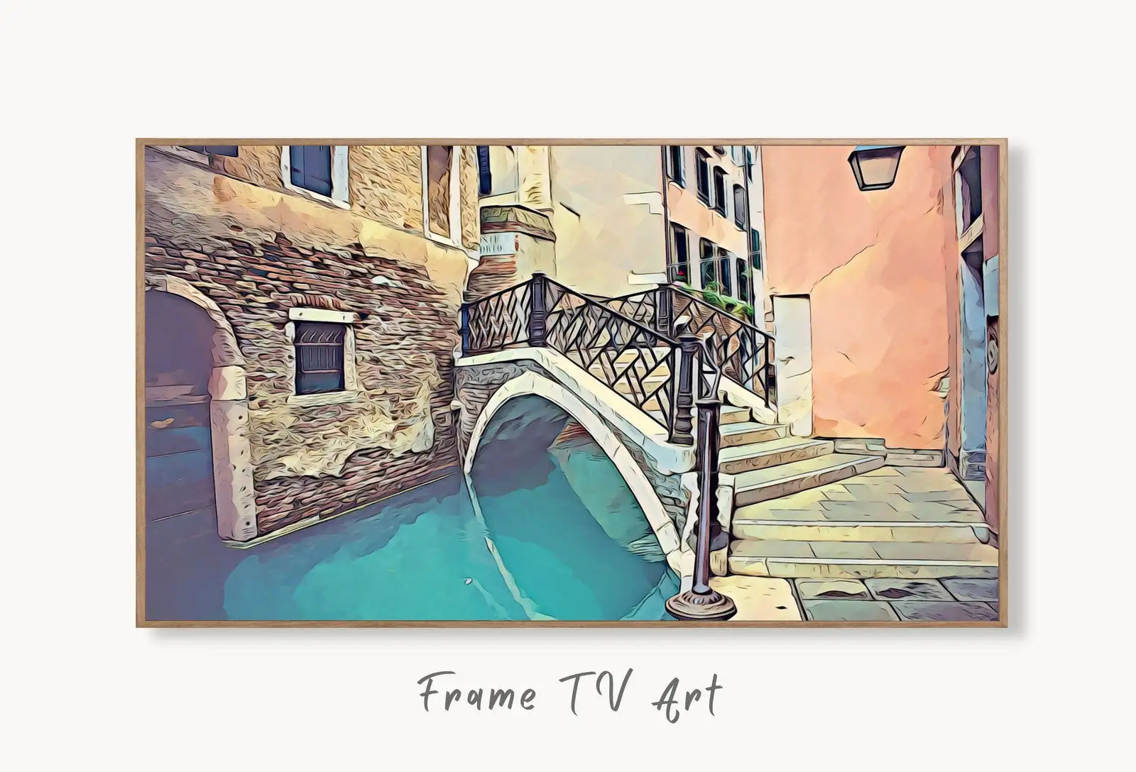 Samsung Frame TV Art 4K Bridge Staircase in Venice Colorful Italy Art. Instant Download Venice Landscape for the Frame TV. Italy Decor displayed on Samsung Frame TV on a living room wall.
