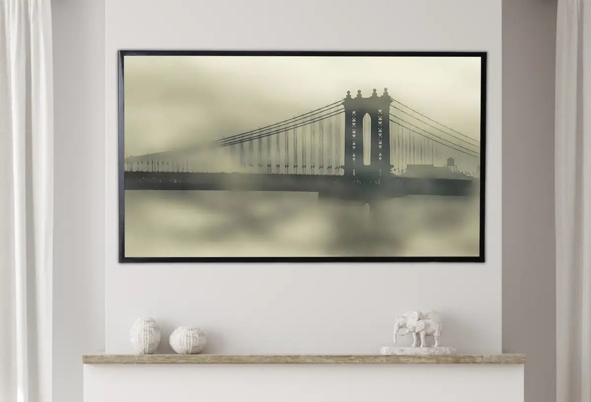 Detail view of artwork from Samsung Frame TV Art 4K Brooklyn Bridge Morning Mist New York City Digital Art. Instant Download Art for TV, Artwork for The Frame TV. (variation 2)