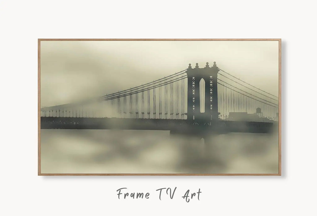 Samsung Frame TV Art 4K Brooklyn Bridge Morning Mist New York City Digital Art. Instant Download Art for TV, Artwork for The Frame TV displayed on Samsung Frame TV on a living room wall.