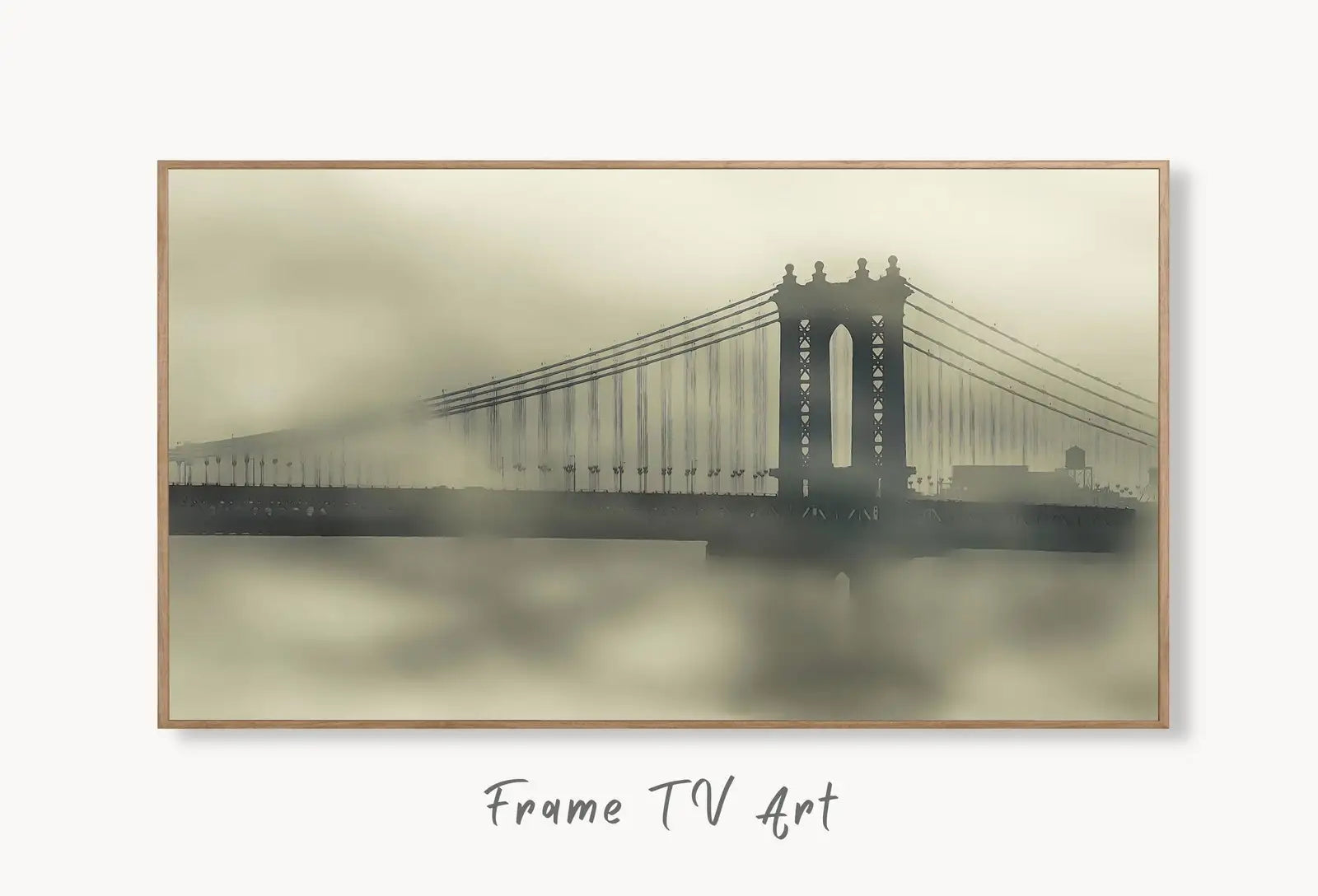 Samsung Frame TV Art 4K Brooklyn Bridge Morning Mist New York City Digital Art. Instant Download Art for TV, Artwork for The Frame TV displayed on Samsung Frame TV on a living room wall.