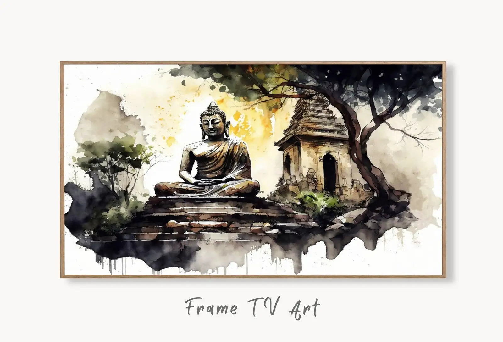 Samsung Frame TV Art 4K Buddha Meditating Statue. Zen Wall Art Buddhism Spiritual Art. Digital Download for Samsung Frame. Frame TV Art displayed on Samsung Frame TV on a living room wall.