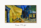 Samsung Frame TV Art 4K Café Terrace Famous Painting by Vincent van Gogh. Instant Download Remastered Art for the Frame TV. Vintage Wall Art displayed on Samsung Frame TV on a living room wall.