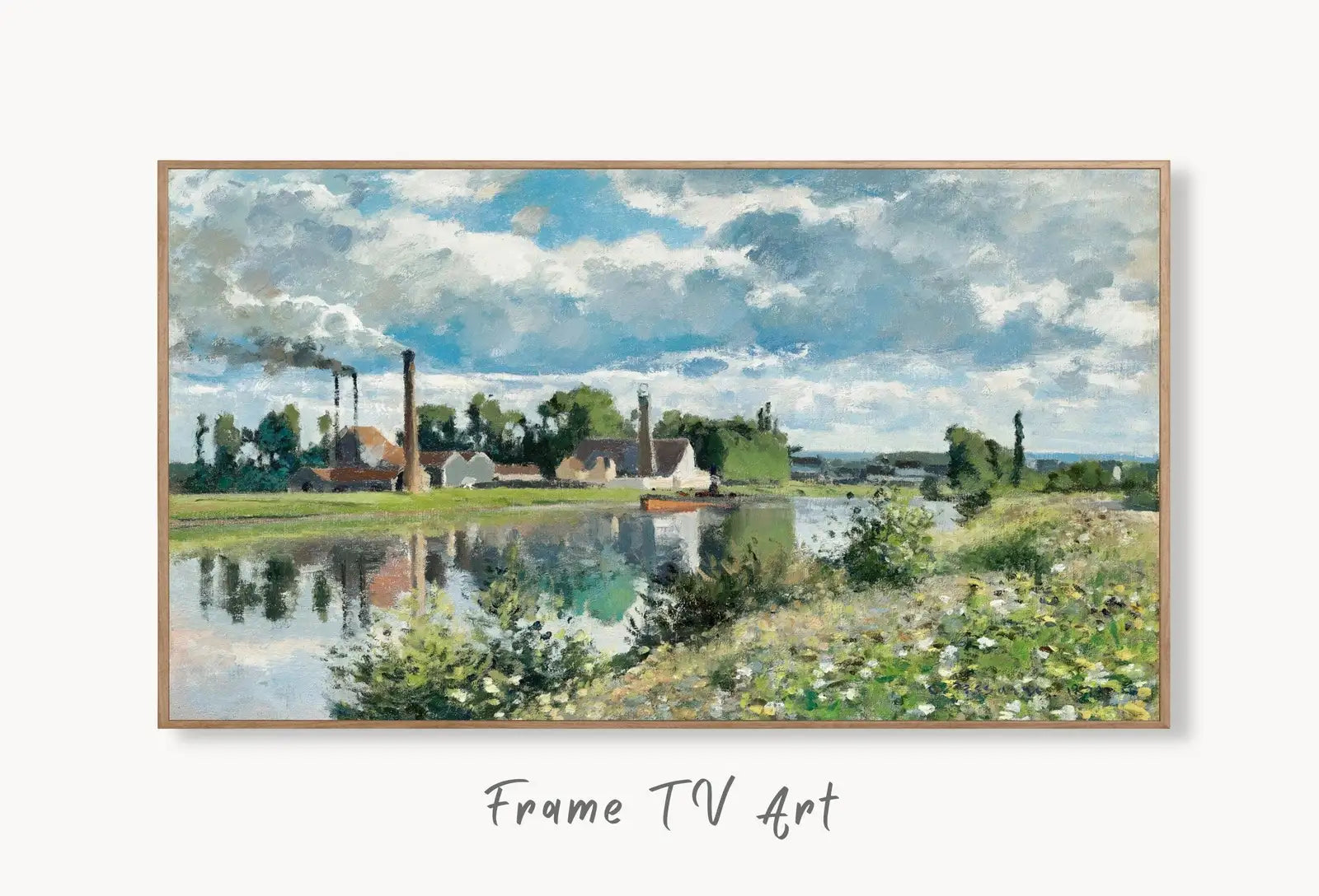 Samsung Frame TV Art 4K Camille Pissarro The River Oise Famous Landscape Painting. Instant Download Vintage Art for Samsung Frame TV. TV Art displayed on Samsung Frame TV on a living room wall.