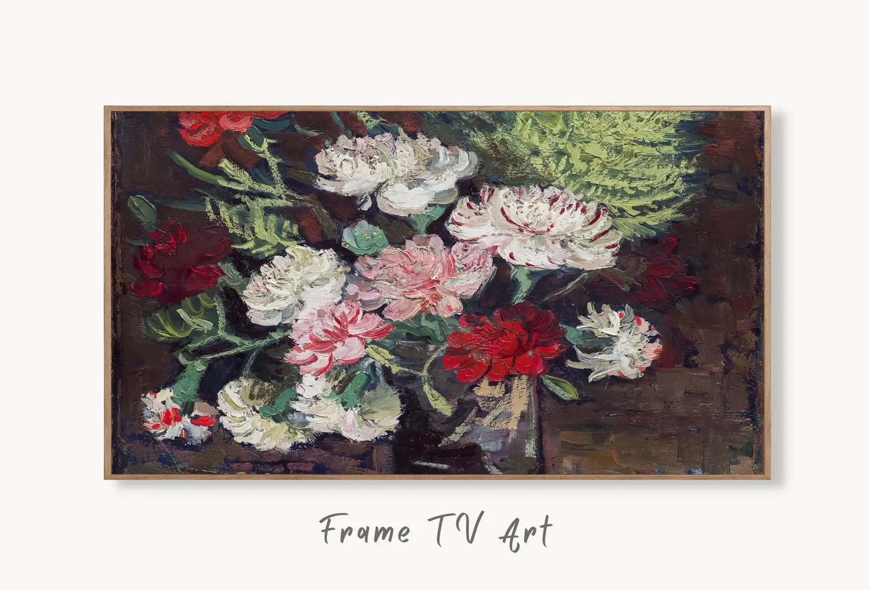 Samsung Frame TV Art 4K Carnations Famous Still Life Painting by Vincent van Gogh. Instant Download Floral Art for Frame TV Vintage Wall Art displayed on Samsung Frame TV on a living room wall.