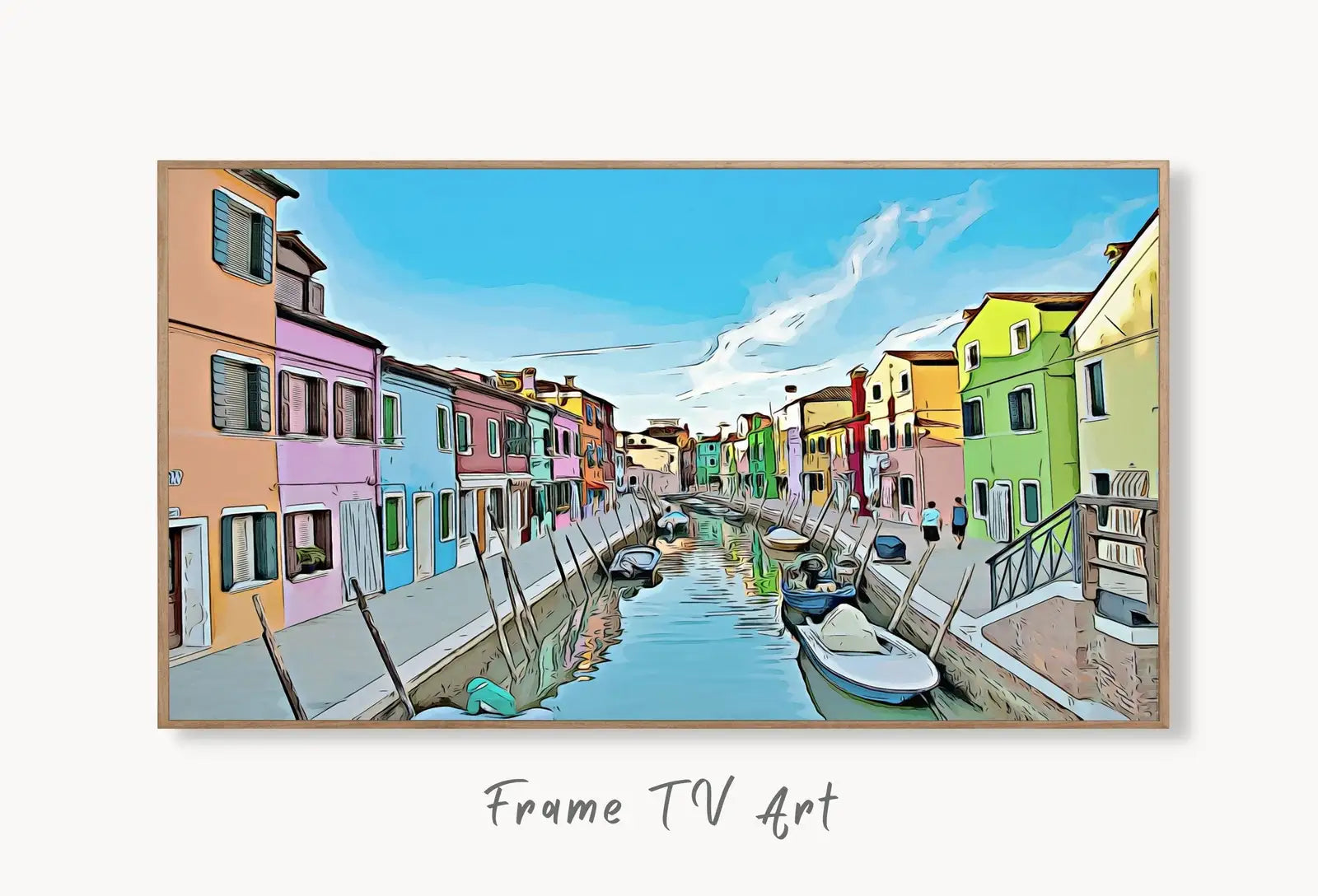 Samsung Frame TV Art 4K Case Colorate Burano, Venice Colorful Italy Art. Instant Download Venice Landscape for the Frame TV. Italy Decor displayed on Samsung Frame TV on a living room wall.