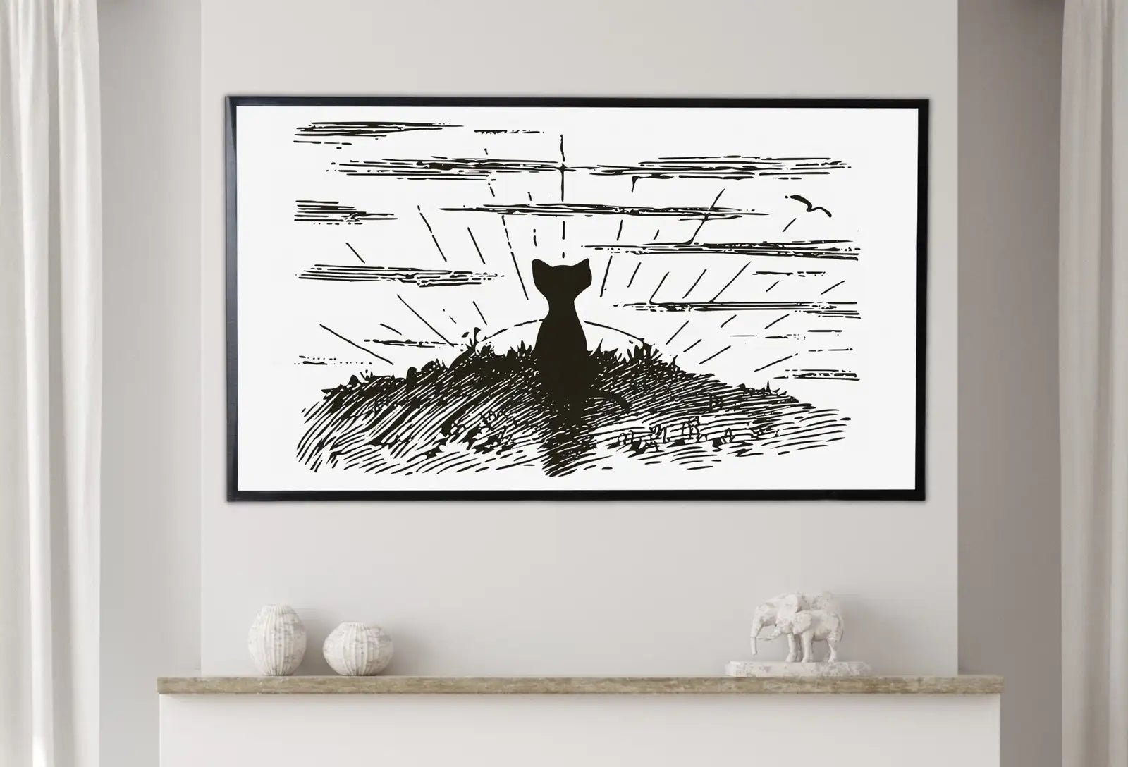 Included artwork preview showing first selection of artworks from Samsung Frame TV Art 4K Cat Watching Sunrise Vintage Illustration Wall Art. Instant Download Cat Art for the Samsung Frame TV. Art for TV.