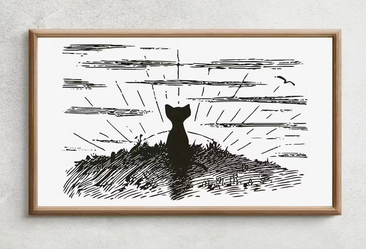 Samsung Frame TV Art 4K Cat Watching Sunrise Vintage Illustration Wall Art. Instant Download Cat Art for the Samsung Frame TV. Art for TV – Frame TV  Art