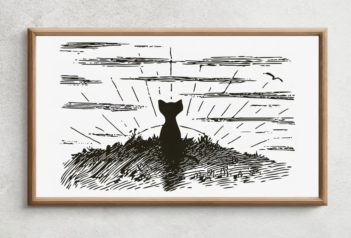 Detail view of artwork from Samsung Frame TV Art 4K Cat Watching Sunrise Vintage Illustration Wall Art. Instant Download Cat Art for the Samsung Frame TV. Art for TV. (variation 2)