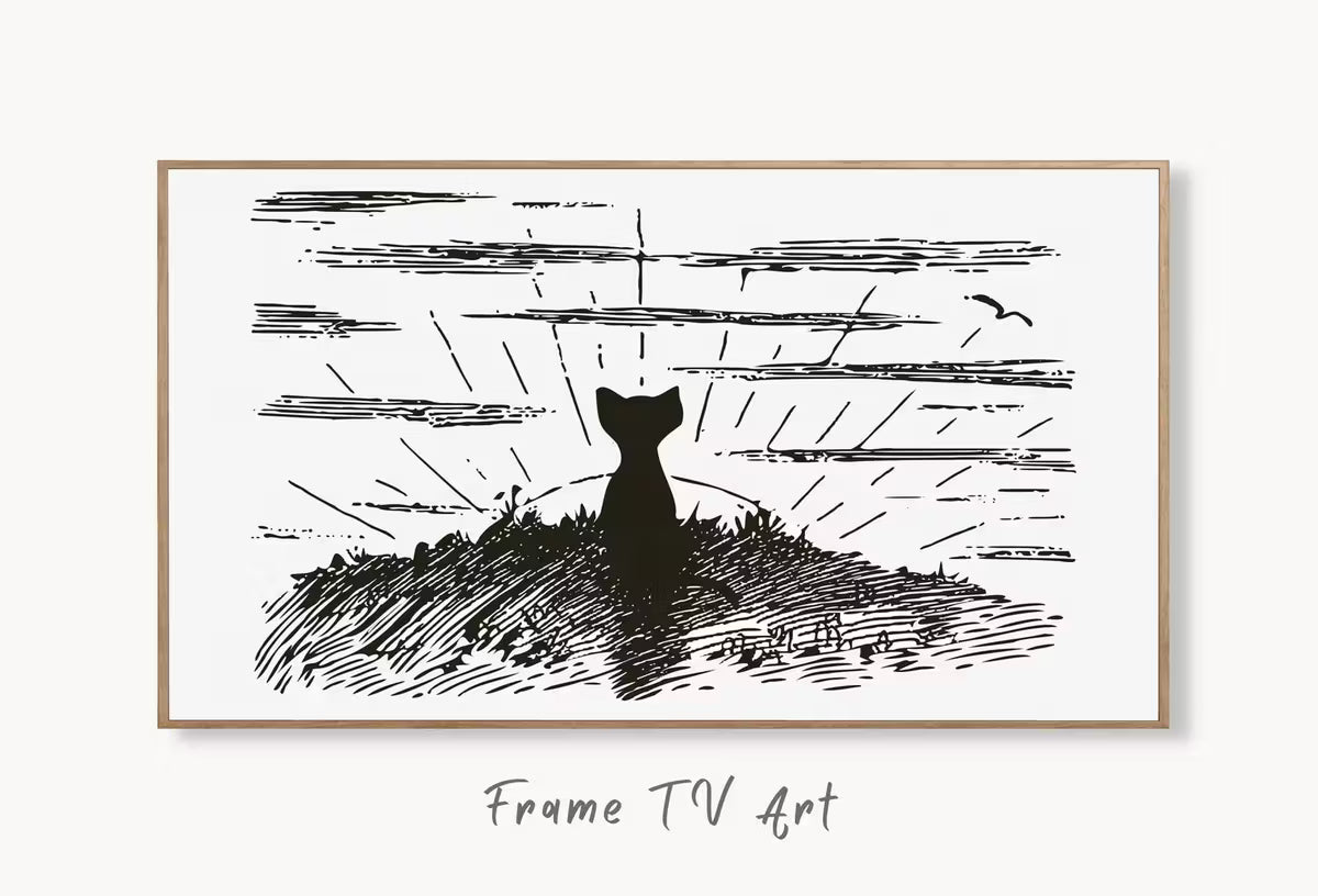 Samsung Frame TV Art 4K Cat Watching Sunrise Vintage Illustration Wall Art. Instant Download Cat Art for the Samsung Frame TV. Art for TV – Frame TV  Art