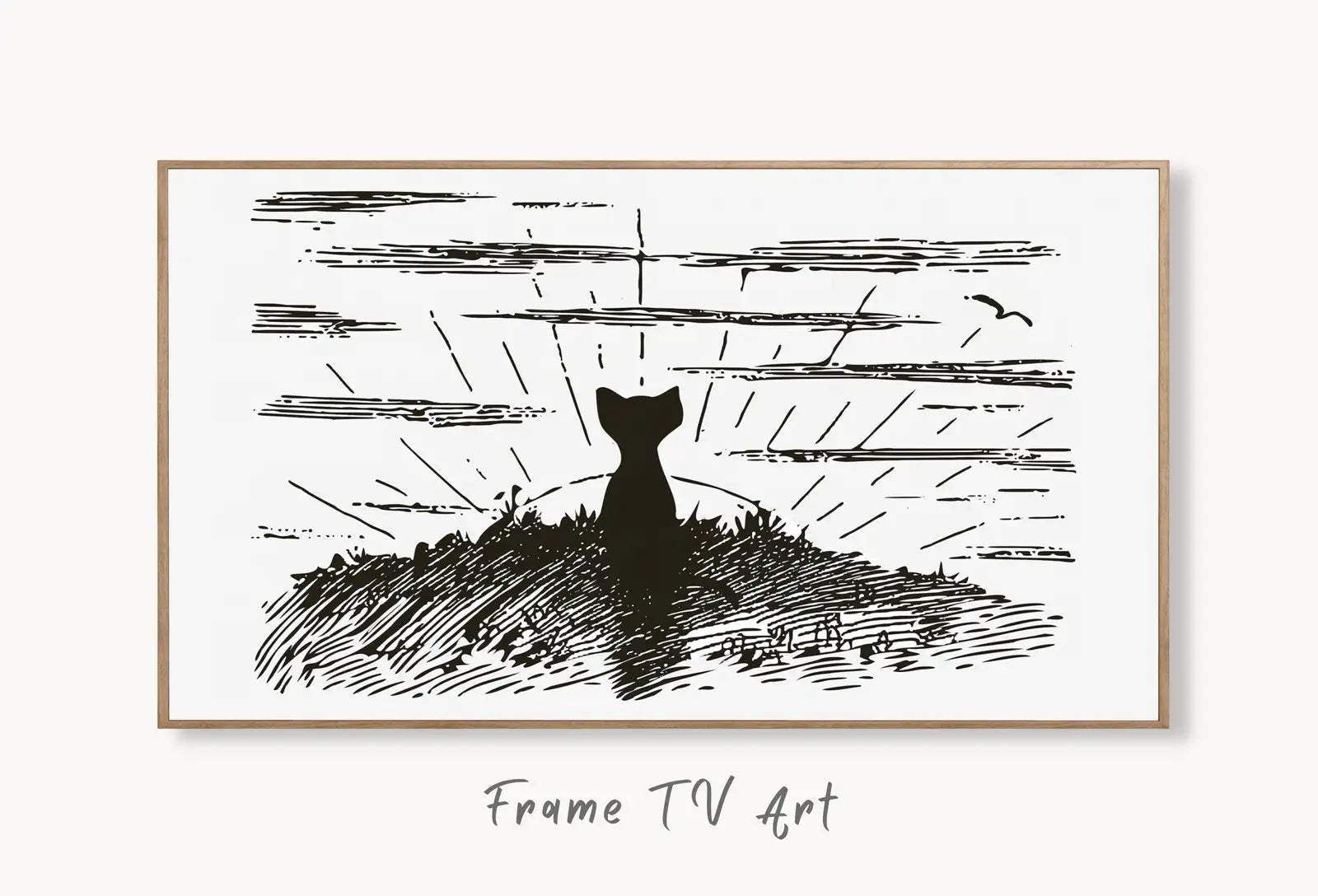 Samsung Frame TV Art 4K Cat Watching Sunrise Vintage Illustration Wall Art. Instant Download Cat Art for the Samsung Frame TV. Art for TV displayed on Samsung Frame TV on a living room wall.