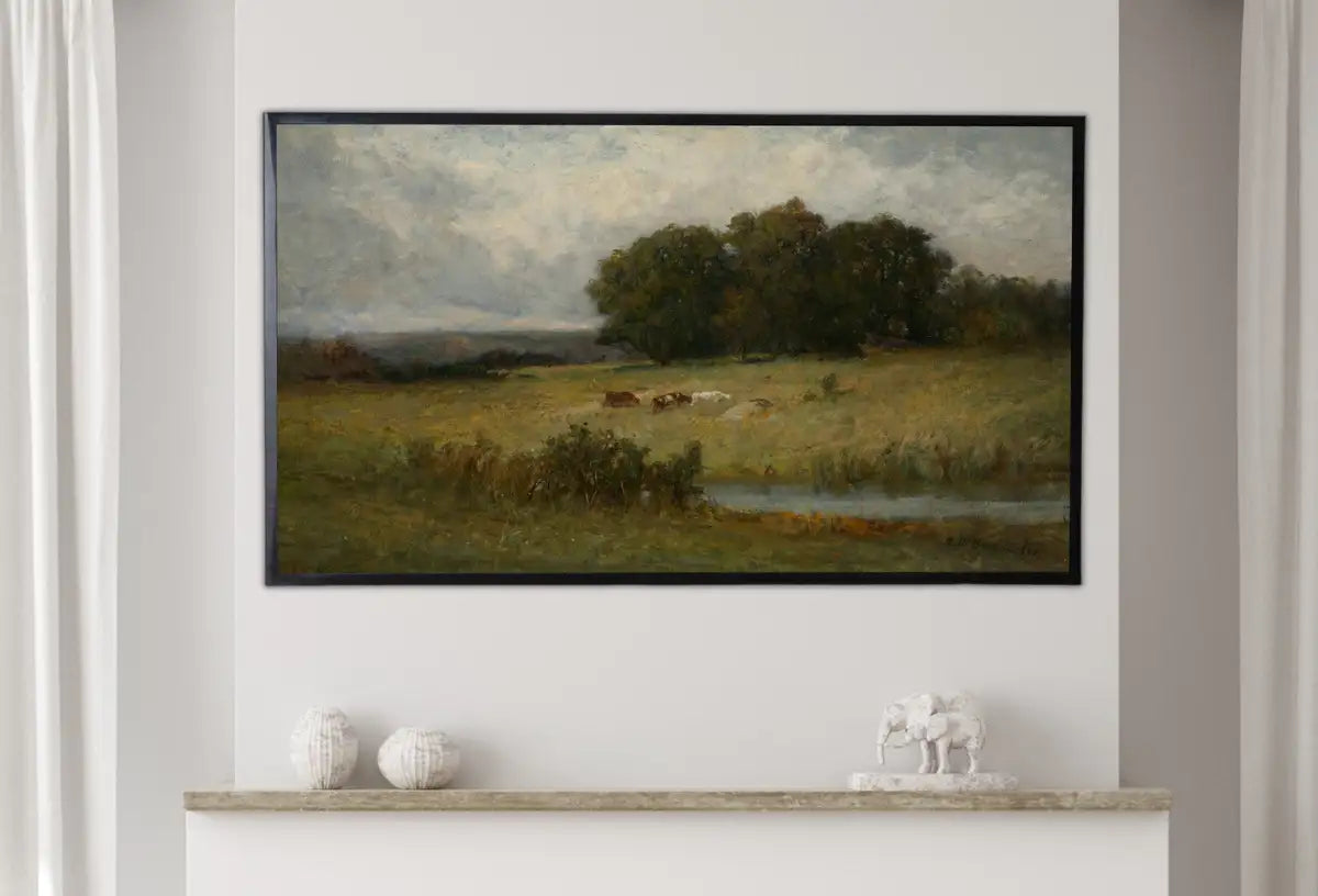 Detail view of artwork from Samsung Frame TV Art 4K Cattle Near Stream Vintage Landscape Painting. Instant Download. Rustic Art for Frame TV. Landscape Art for TV. (variation 2)
