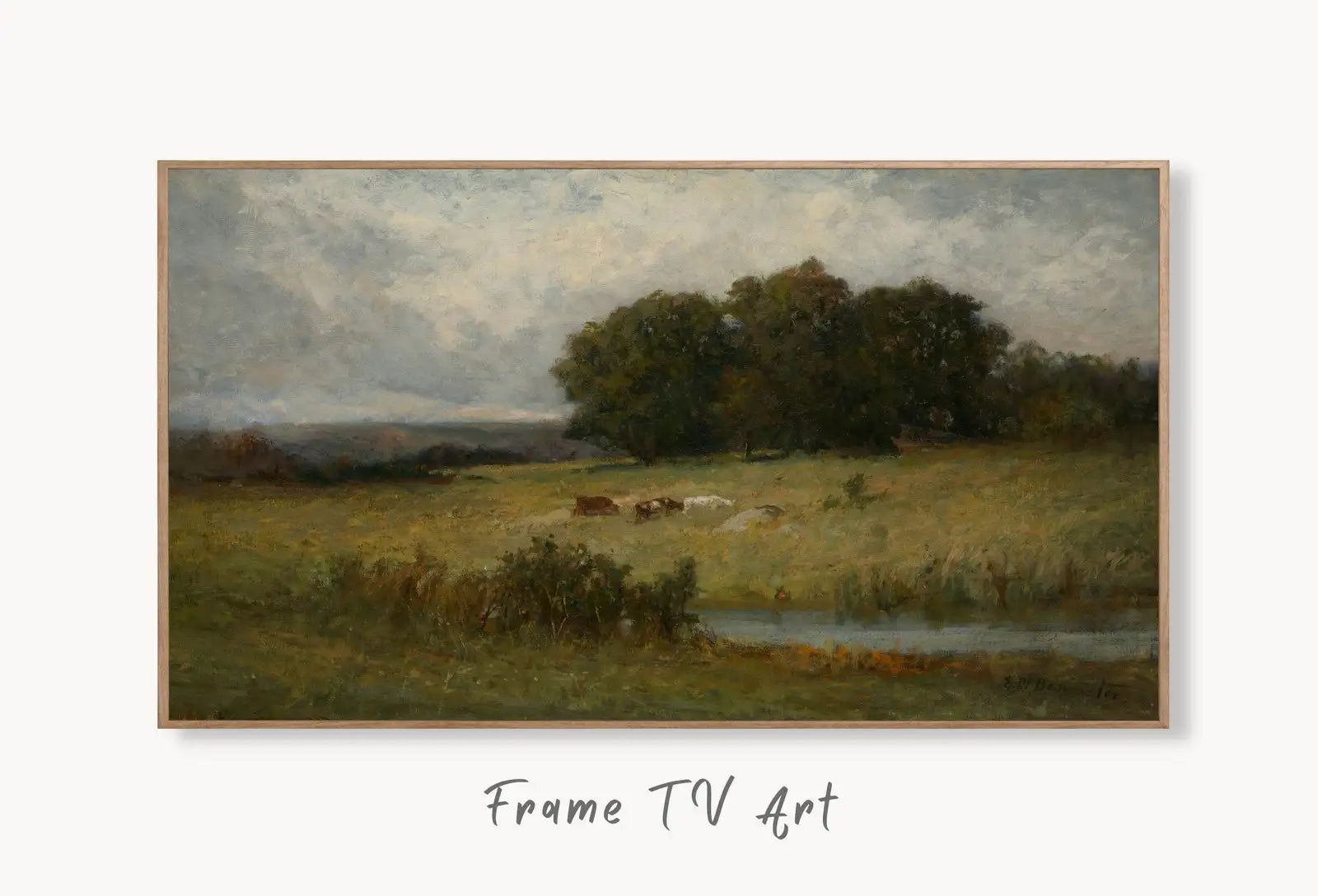 Samsung Frame TV Art 4K Cattle Near Stream Vintage Landscape Painting. Instant Download. Rustic Art for Frame TV. Landscape Art for TV displayed on Samsung Frame TV on a living room wall.