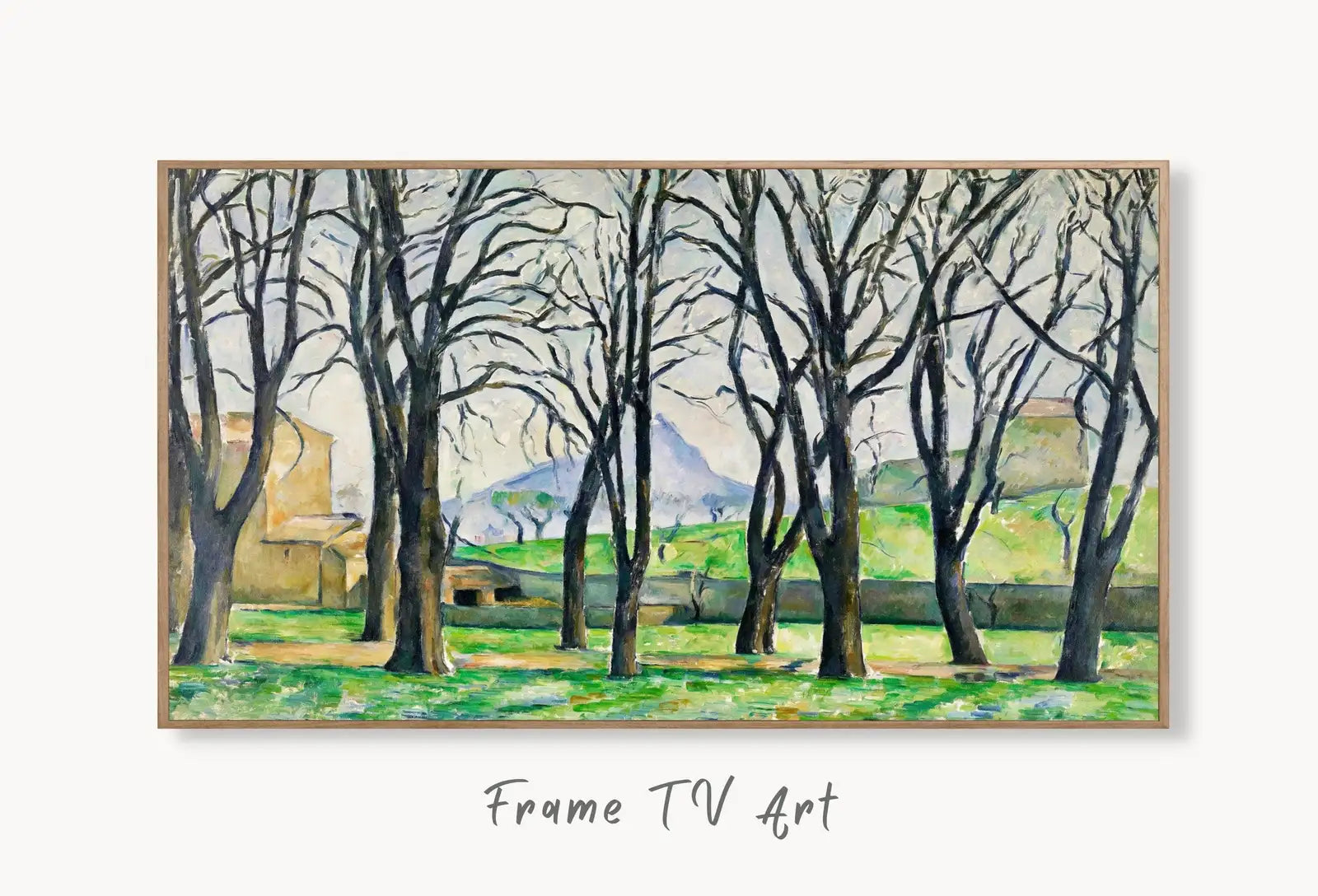 Samsung Frame TV Art 4K Chestnut Trees Famous Paul Cézanne Painting. Instant Download Nature Landscape Wall Art for Frame TV. Vintage Art displayed on Samsung Frame TV on a living room wall.
