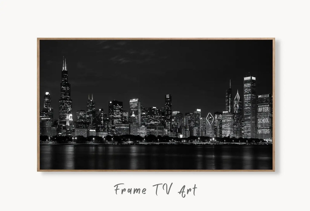 Art Frame TV 4K, skyline de Chicago la nuit, art mural. Téléchargement instantané de photographie de Chicago pour The Frame TV. Décor de skyline de Chicago