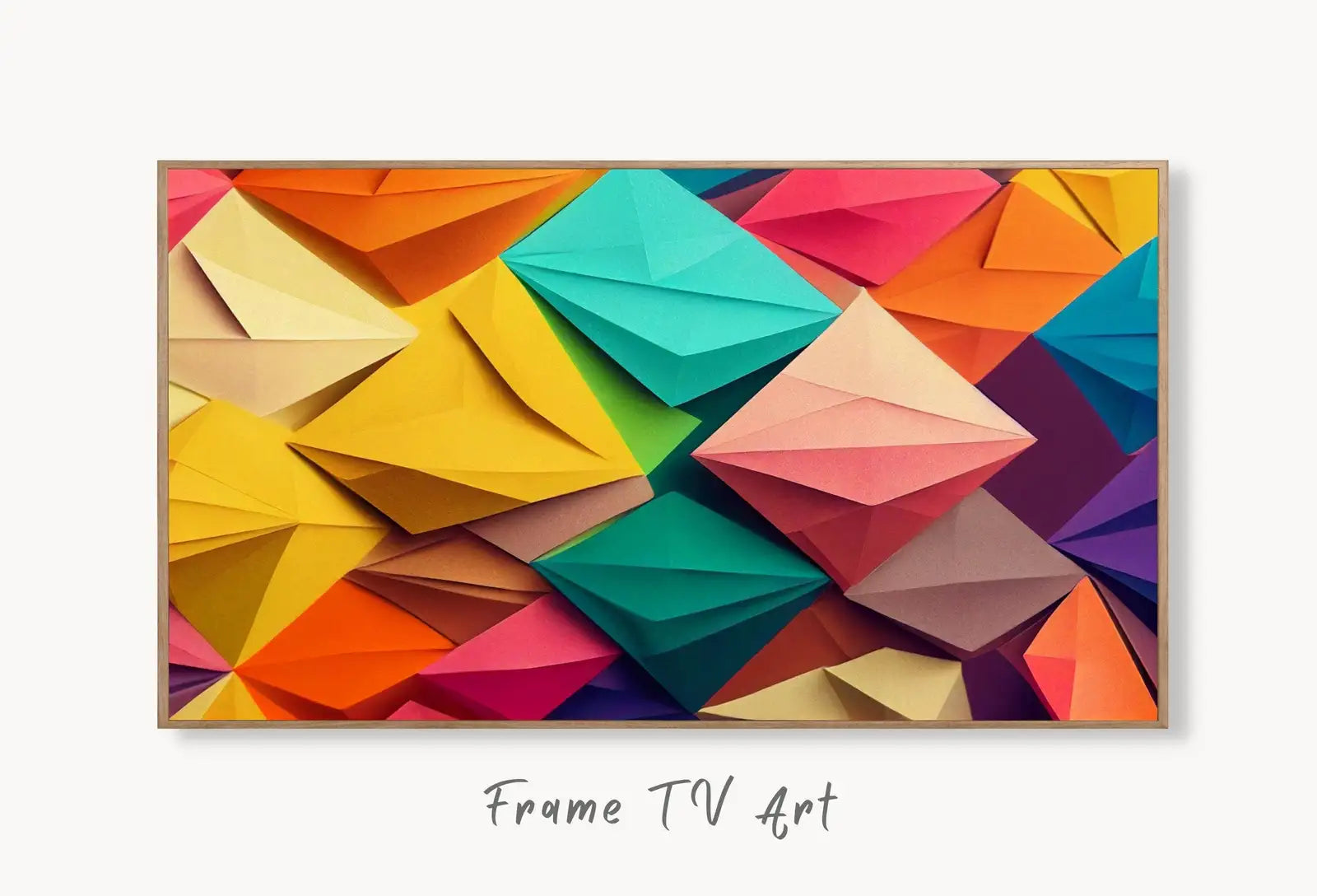 Samsung Frame TV Art 4K Colorful Abstract 3D Paper Texture Art. Abstract Modern Decor. Abstract Origami Pattern. Instant Download Art for TV displayed on Samsung Frame TV on a living room wall.