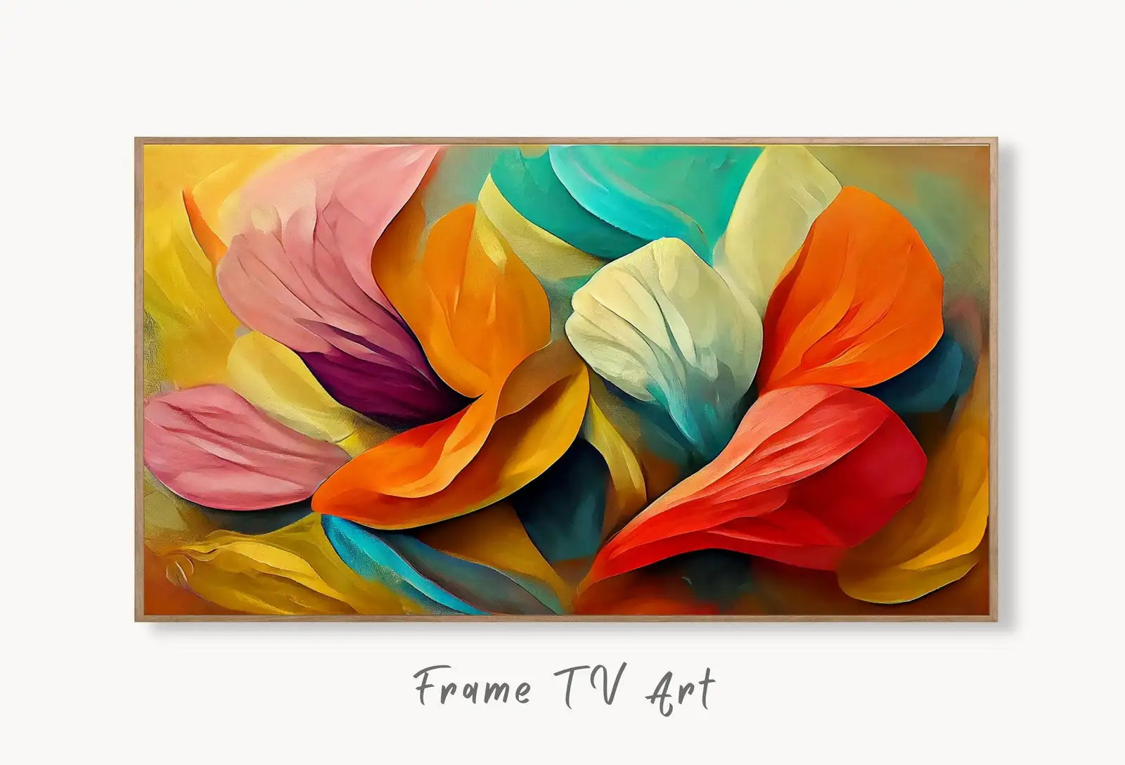 Samsung Frame TV Art 4K Colorful Abstract Flower Petals. Instant Download Botanical Leaves Digital Painting. Floral Modern Art for Frame TV displayed on Samsung Frame TV on a living room wall.