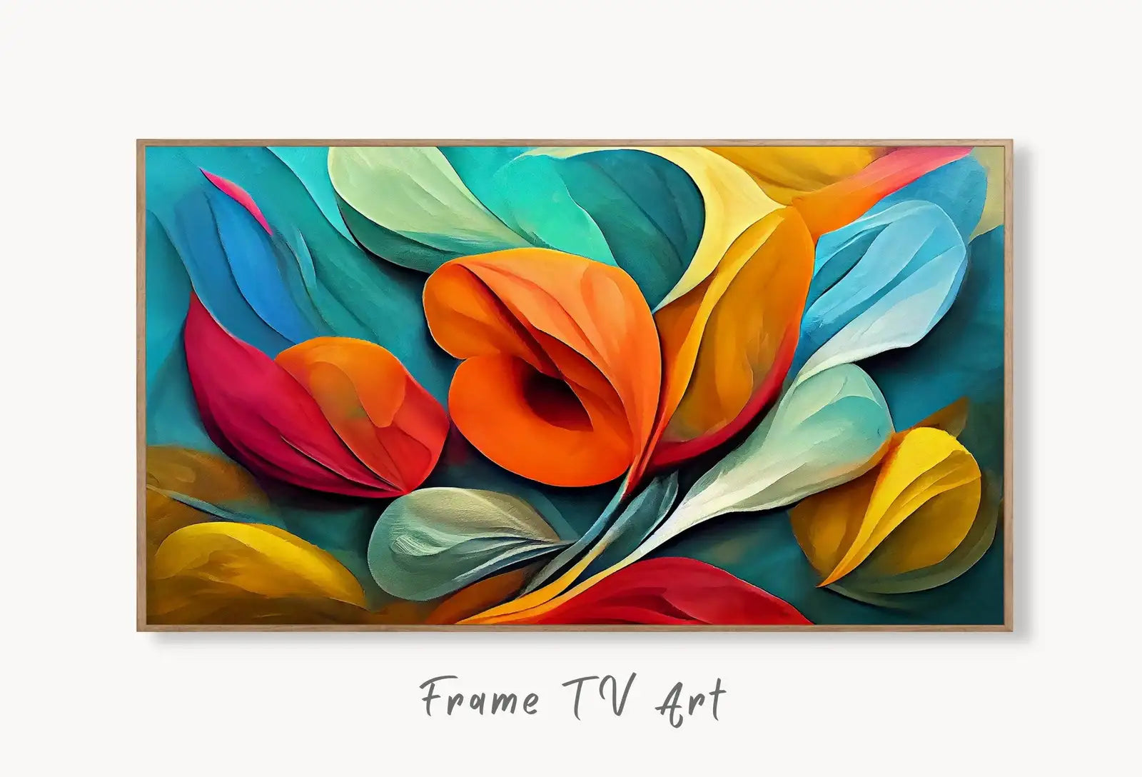 Samsung Frame TV Art 4K Colorful Abstract Flower Petals. Instant Download Colorful Botanical Leaves Painting. Floral Modern Art for Frame TV displayed on Samsung Frame TV on a living room wall.