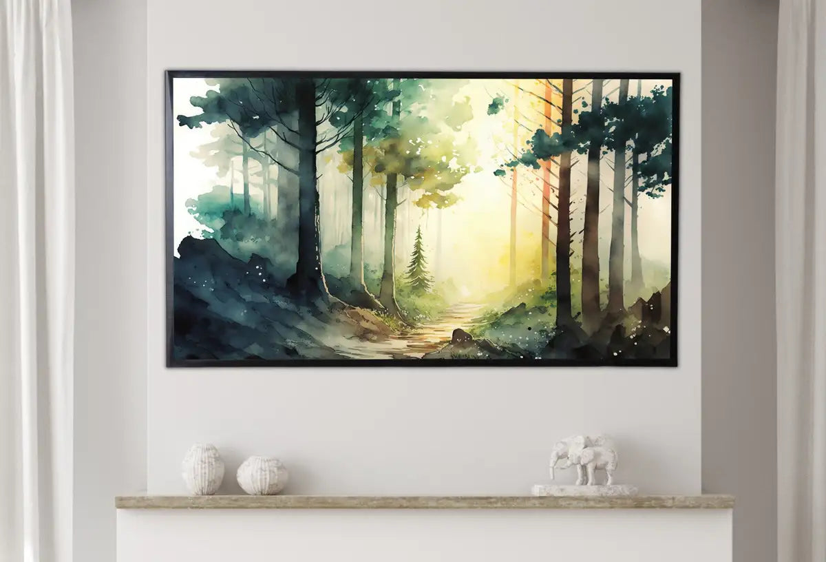 Detail view of artwork from Samsung Frame TV Art 4K Colorful Forest Landscape Watercolor Digital Painting. Instant Download Forest Art for Samsung Frame TV. Art for TV. (variation 2)